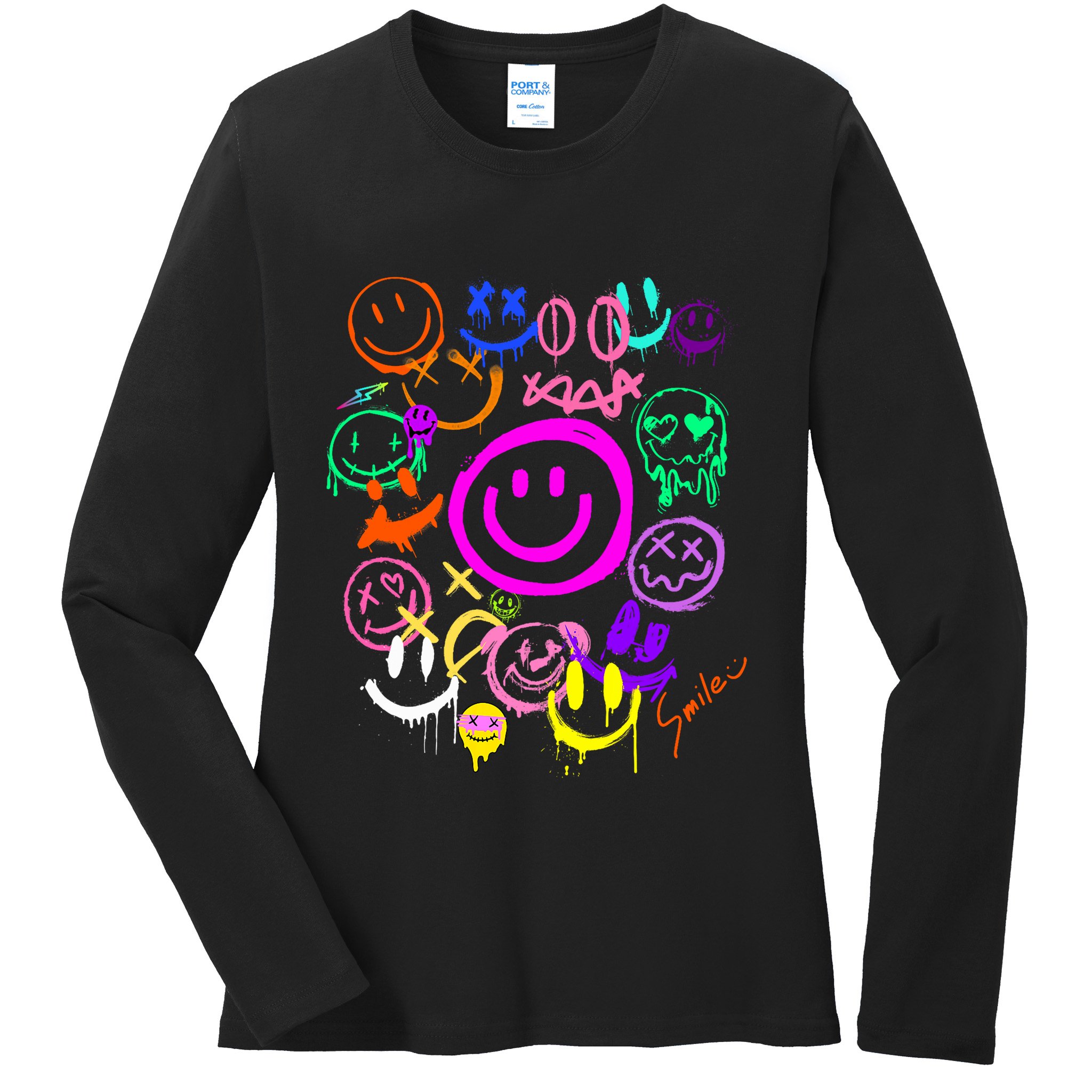 Smile Face Emoticons Fun Vivid Graffiti Smileys Graphic Ladies Long Sleeve Shirt