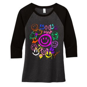 Smile Face Emoticons Fun Vivid Graffiti Smileys Graphic Women's Tri-Blend 3/4-Sleeve Raglan Shirt