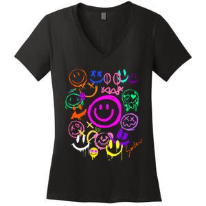 Smile Face Emoticons Fun Vivid Graffiti Smileys Graphic Women's V-Neck T-Shirt