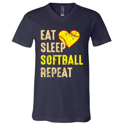 Softball Funny Eat Sleep Softball Repeat Girl Softball V-Neck T-Shirt