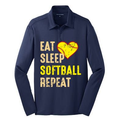 Softball Funny Eat Sleep Softball Repeat Girl Softball Silk Touch Performance Long Sleeve Polo