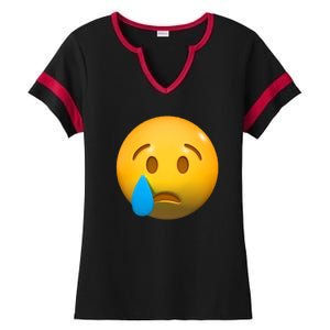 Sad Face Emoji Crying Tear Drop Ladies Halftime Notch Neck Tee