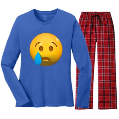 Sad Face Emoji Crying Tear Drop Women's Long Sleeve Flannel Pajama Set 