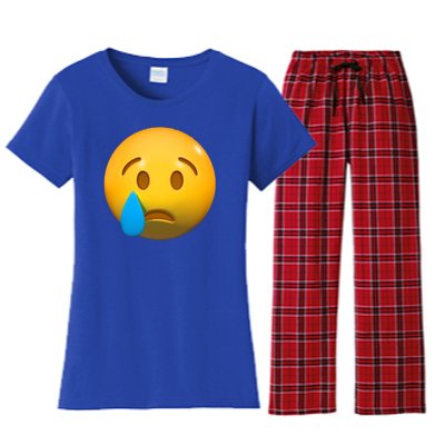 Sad Face Emoji Crying Tear Drop Women's Flannel Pajama Set