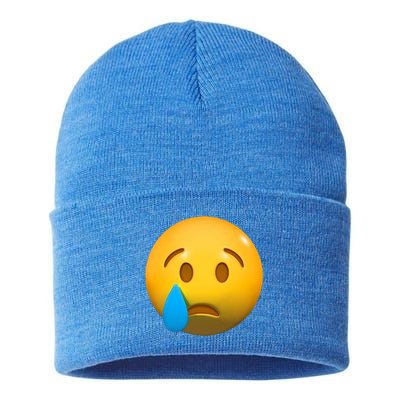 Sad Face Emoji Crying Tear Drop Sustainable Knit Beanie