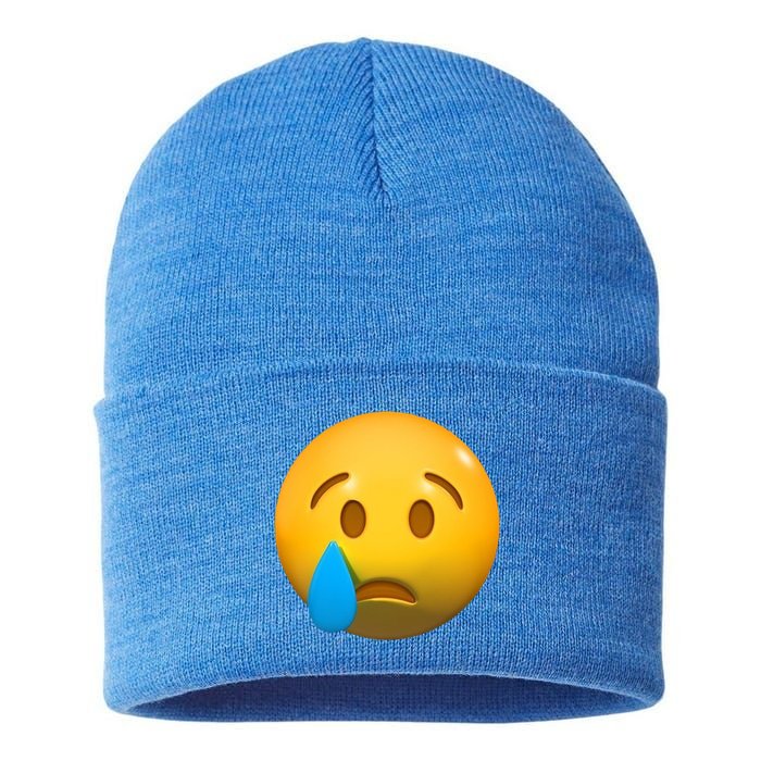 Sad Face Emoji Crying Tear Drop Sustainable Knit Beanie