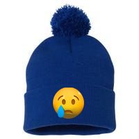 Sad Face Emoji Crying Tear Drop Pom Pom 12in Knit Beanie