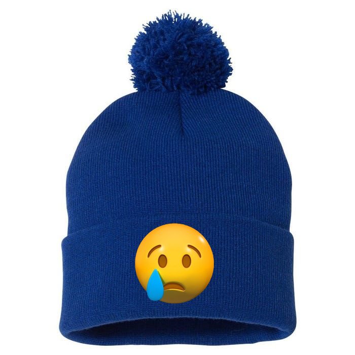 Sad Face Emoji Crying Tear Drop Pom Pom 12in Knit Beanie