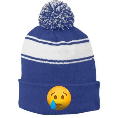 Sad Face Emoji Crying Tear Drop Stripe Pom Pom Beanie