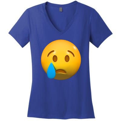 Sad Face Emoji Crying Tear Drop Women's V-Neck T-Shirt