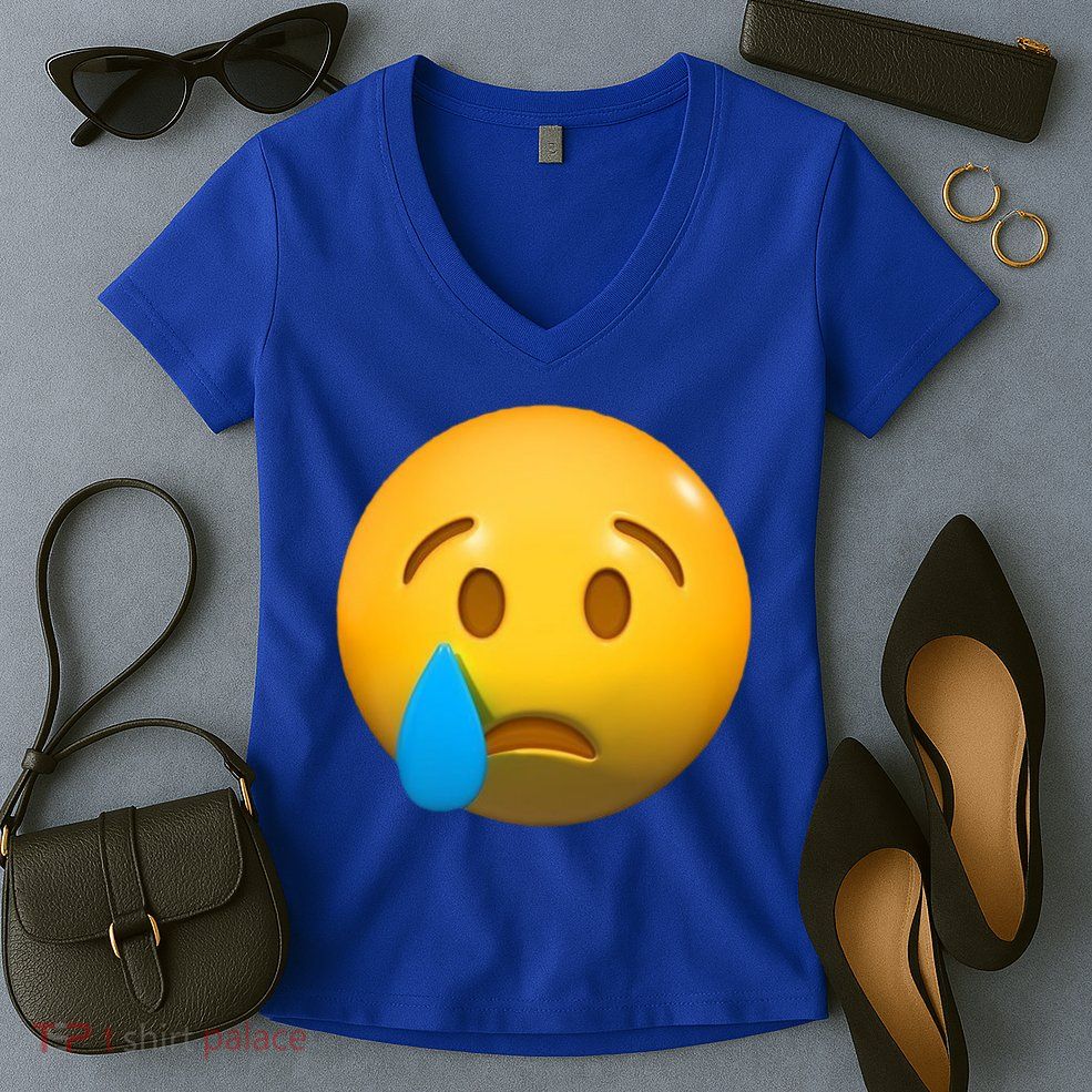 Sad Face Emoji Crying Tear Drop Women's V-Neck T-Shirt