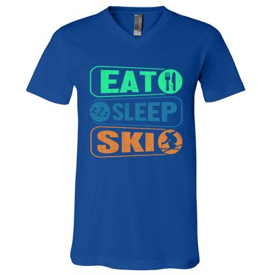 Skiing Funny Eat Sleep Ski Expert Snow Lover Skier Graphic Gift V-Neck T-Shirt