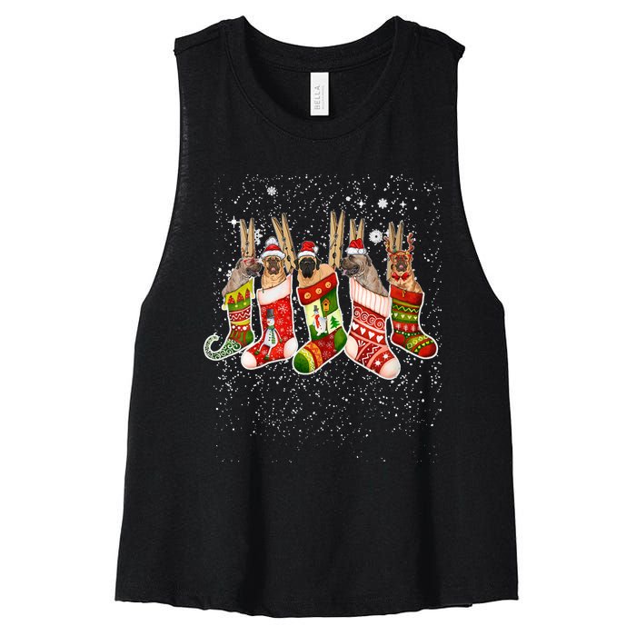 S Funny English Mastiff Dog In Christmas Sock Santa Hat Xmas V Neck Women's Racerback Cropped Tank