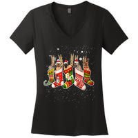 S Funny English Mastiff Dog In Christmas Sock Santa Hat Xmas V Neck Women's V-Neck T-Shirt