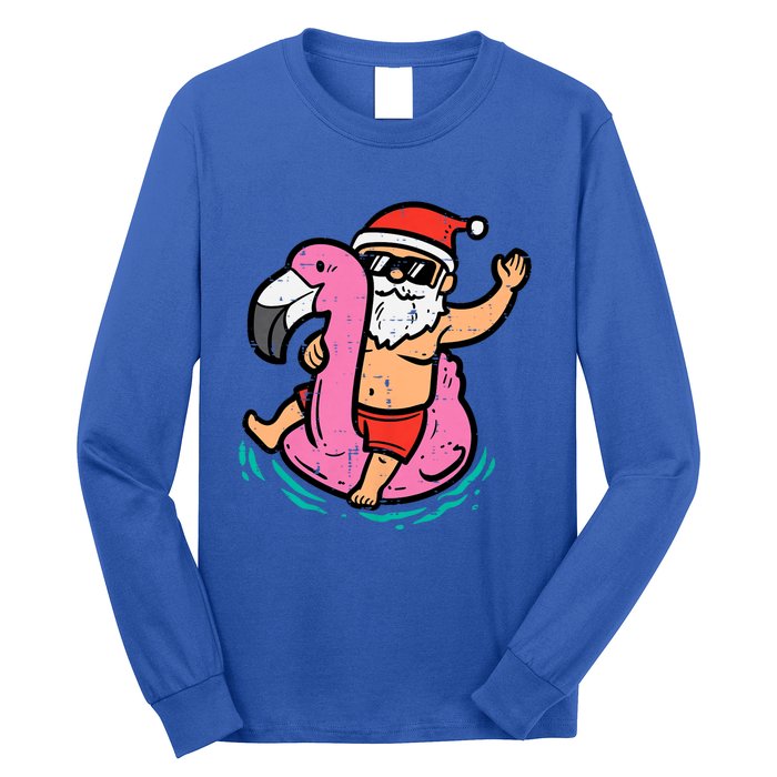 Santa Flamingo Floatie Funny Christmas In July Summer Xmas Long Sleeve Shirt