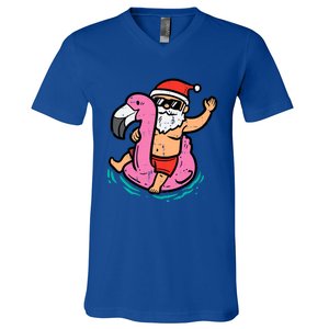 Santa Flamingo Floatie Funny Christmas In July Summer Xmas V-Neck T-Shirt