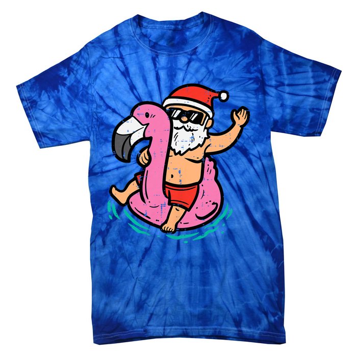 Santa Flamingo Floatie Funny Christmas In July Summer Xmas Tie-Dye T-Shirt