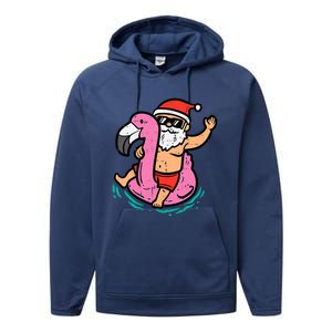 Santa Flamingo Floatie Funny Christmas In July Summer Xmas Performance Fleece Hoodie