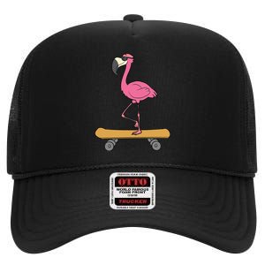 Skateboarding Flamingo Funny Skateboard Flamingo High Crown Mesh Back Trucker Hat