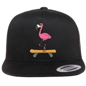 Skateboarding Flamingo Funny Skateboard Flamingo Flat Bill Trucker Hat