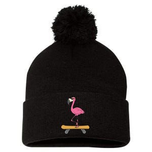 Skateboarding Flamingo Funny Skateboard Flamingo Pom Pom 12in Knit Beanie