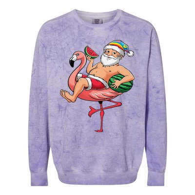 Santa Flamingo Floatie Christmas In July Watermelon Summer Colorblast Crewneck Sweatshirt