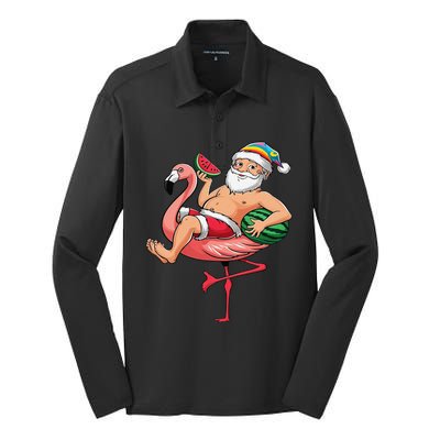 Santa Flamingo Floatie Christmas In July Watermelon Summer Silk Touch Performance Long Sleeve Polo