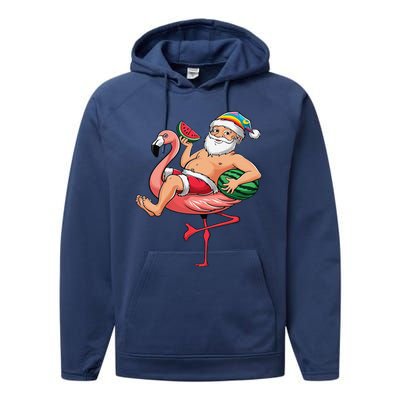 Santa Flamingo Floatie Christmas In July Watermelon Summer Performance Fleece Hoodie