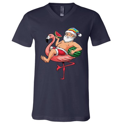 Santa Flamingo Floatie Christmas In July Watermelon Summer V-Neck T-Shirt