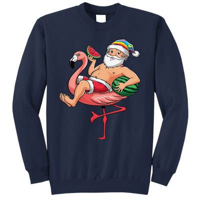 Santa Flamingo Floatie Christmas In July Watermelon Summer Tall Sweatshirt