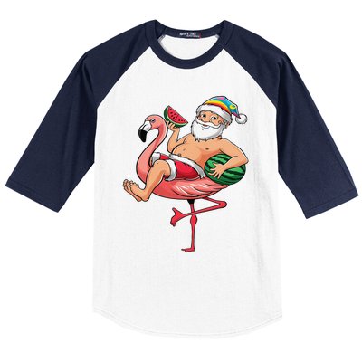 Santa Flamingo Floatie Christmas In July Watermelon Summer Baseball Sleeve Shirt