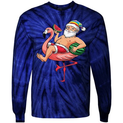 Santa Flamingo Floatie Christmas In July Watermelon Summer Tie-Dye Long Sleeve Shirt