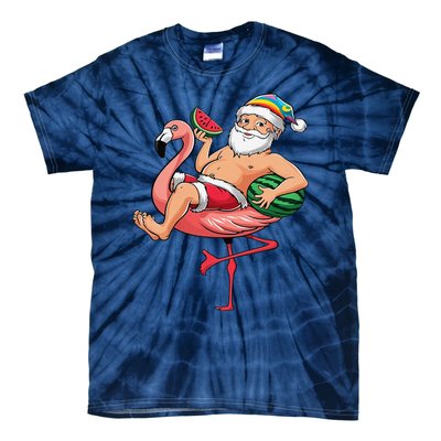 Santa Flamingo Floatie Christmas In July Watermelon Summer Tie-Dye T-Shirt