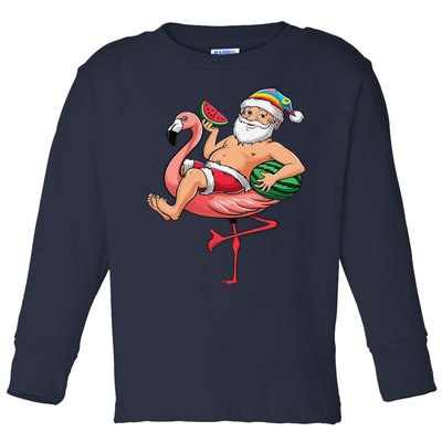 Santa Flamingo Floatie Christmas In July Watermelon Summer Toddler Long Sleeve Shirt