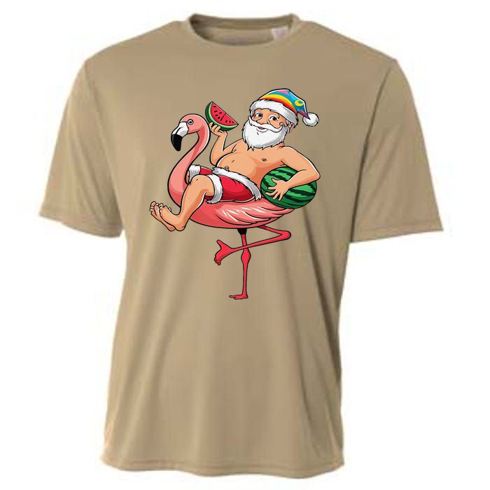 Santa Flamingo Floatie Christmas In July Watermelon Summer Cooling Performance Crew T-Shirt