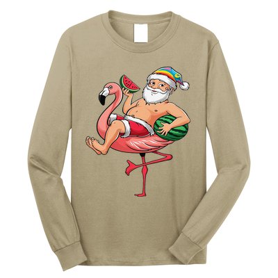 Santa Flamingo Floatie Christmas In July Watermelon Summer Long Sleeve Shirt