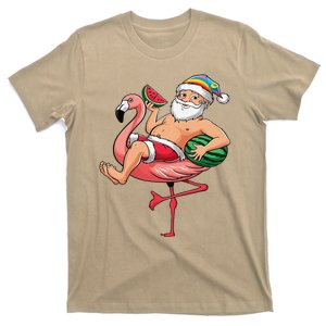 Santa Flamingo Floatie Christmas In July Watermelon Summer T-Shirt