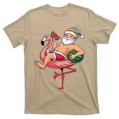 Santa Flamingo Floatie Christmas In July Watermelon Summer T-Shirt