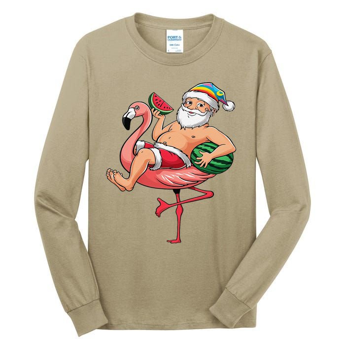 Santa Flamingo Floatie Christmas In July Watermelon Summer Tall Long Sleeve T-Shirt