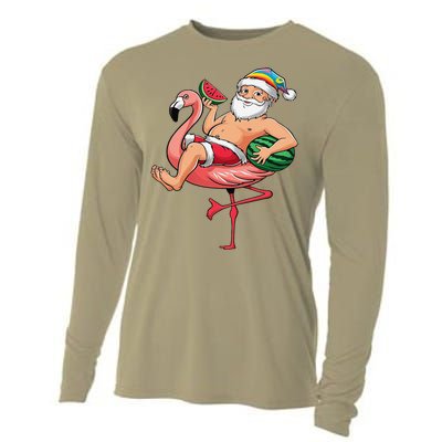 Santa Flamingo Floatie Christmas In July Watermelon Summer Cooling Performance Long Sleeve Crew