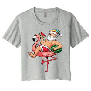 Santa Flamingo Floatie Christmas In July Watermelon Summer Women's Crop Top Tee