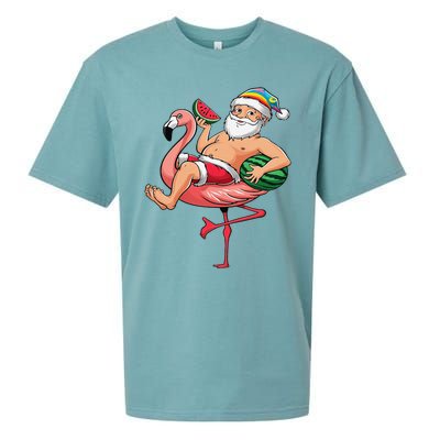 Santa Flamingo Floatie Christmas In July Watermelon Summer Sueded Cloud Jersey T-Shirt