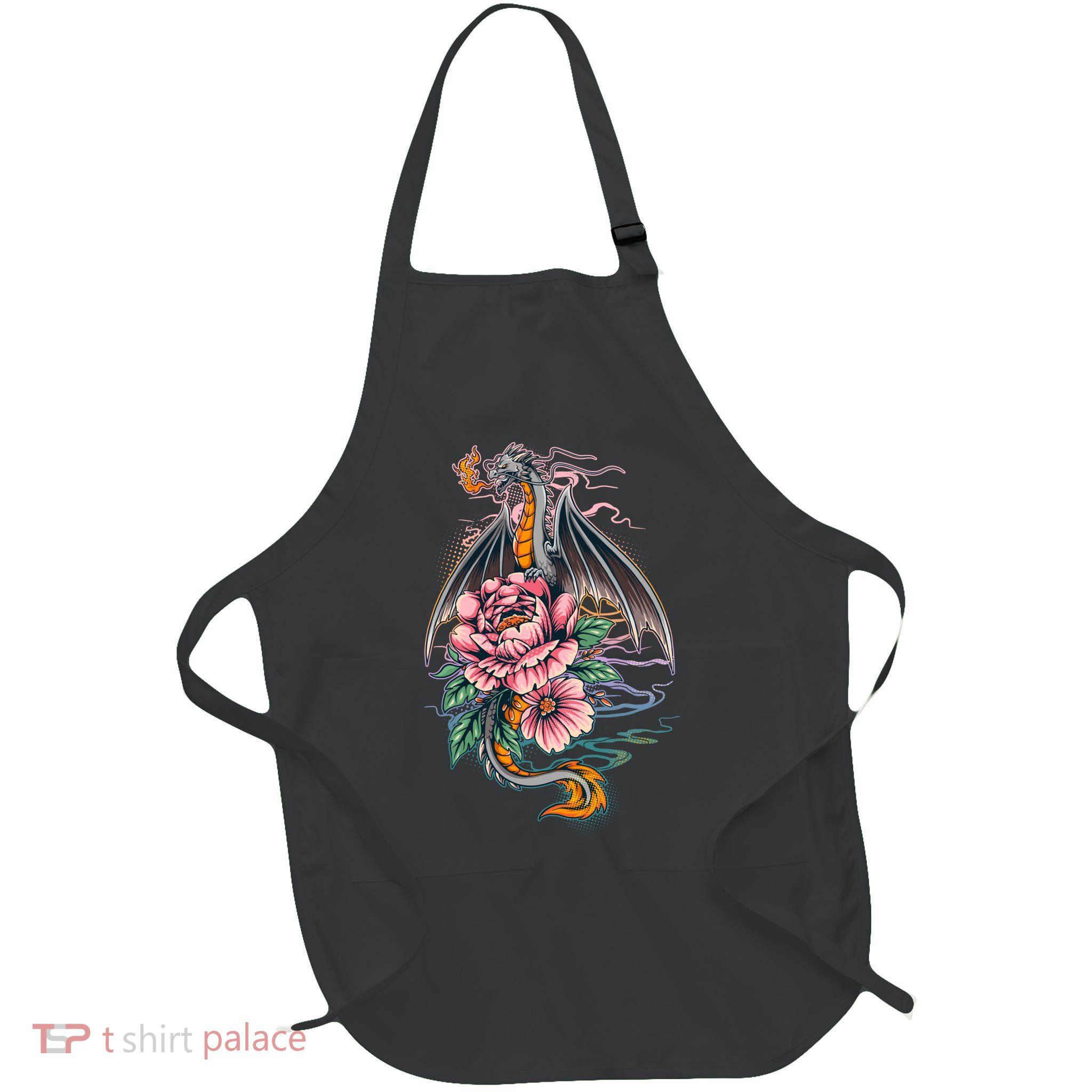 Springtime Floral Fire Dragon Full-Length Apron With Pockets