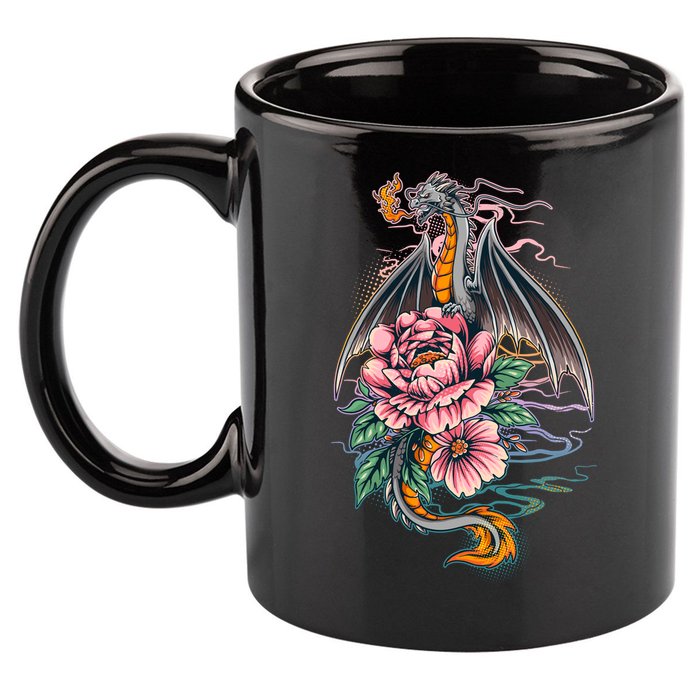 Springtime Floral Fire Dragon 11oz C Handle Ceramic Mug