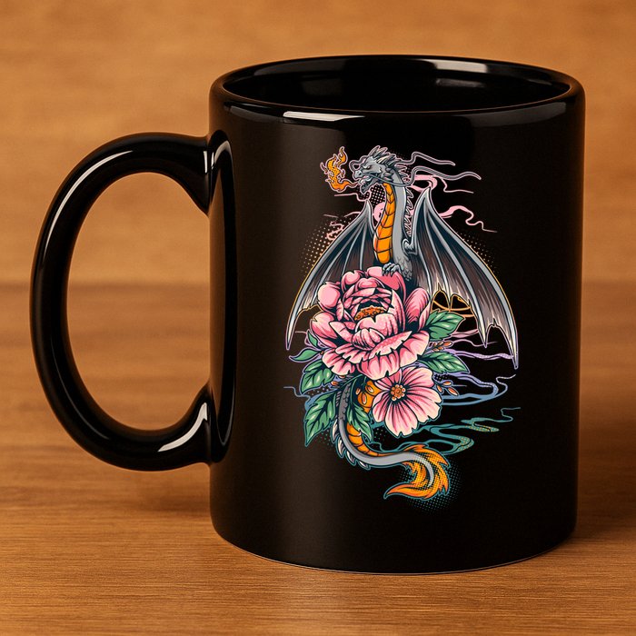 Springtime Floral Fire Dragon 11oz C Handle Ceramic Mug