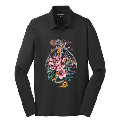 Springtime Floral Fire Dragon Silk Touch Performance Long Sleeve Polo