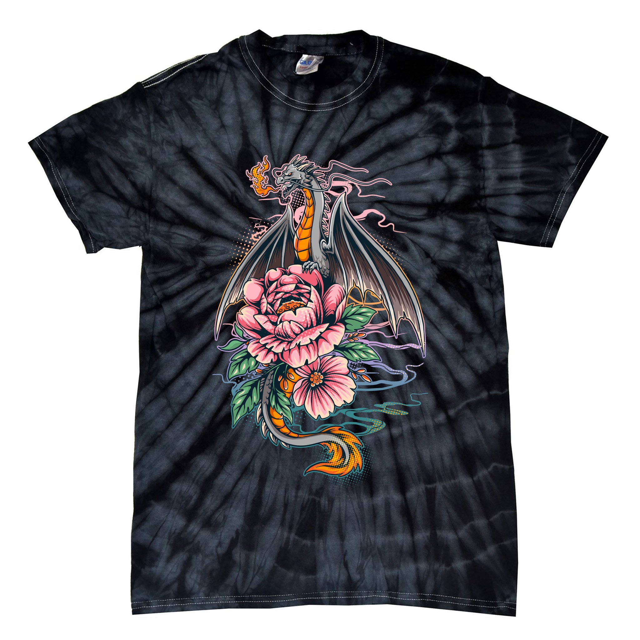 Springtime Floral Fire Dragon Tie-Dye T-Shirt