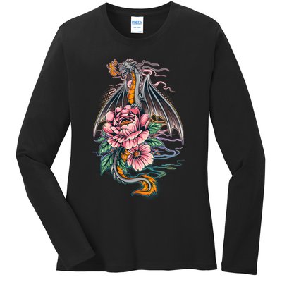 Springtime Floral Fire Dragon Ladies Long Sleeve Shirt