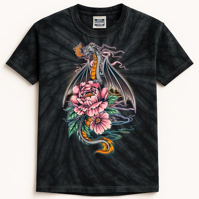 Springtime Floral Fire Dragon Kids Tie-Dye T-Shirt