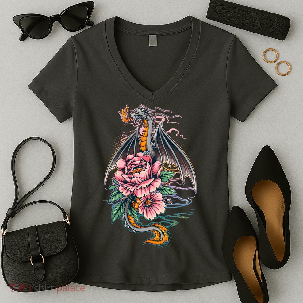 Springtime Floral Fire Dragon Women's V-Neck T-Shirt